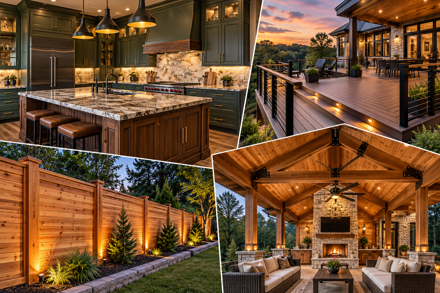 Luxury kitchen, composite deck, cedar privacy fence, and covered outdoor patio with fireplace